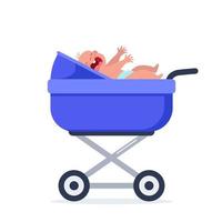 Little baby crying hesterically. Crying infant is lying in a stroller. Little kid being unhappy. Flat vector Illustration.