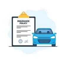 Car insurance concept. Insurance policy on clipboard and car. Document report and automobile. Vector illustration.