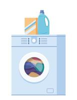 Washing machine with linen in it and cleaning products, washing powder and conditioner. Clothing wash vector concept illustration.