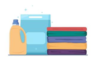 Washing powder, fabric softener gel, clothes washing products and stack of clean clothes. Pile of neatly folded shirts, t shirts, jeans, trousers, dresses. Detergency liquid. Vector illustration.