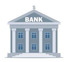 Bank building on a white background, bank financing, money exchange, financial services, ATM, giving out money. Vector flat illustration.