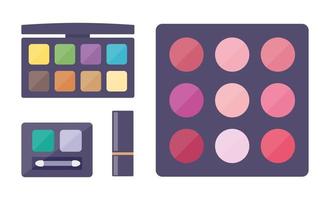 Various eyeshadow palettes and lipstick, decorative cosmetics set. Make up. Vector illustration.