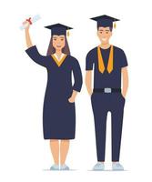 un par de felices graduados sonrientes con diplomas. hombre y mujer se graduaron de la universidad. ilustración vectorial aislado en blanco. vector