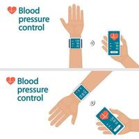 Measurement and monitoring of blood pressure with modern gadgets and mobile applications. Man checking arterial blood pressure with digital device tonometer. Healthcare. Flat vector illustration.