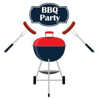 Barbecue party invitation card design template. Barbecue, sausage, fork. Vector illustration, flat style.