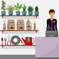 Gardening shop. Flower shop interior. Woman seller behind the counter. Houseplants on shelves, tools for gardening, potting soil, various fertilizers in bottles. Vector illustration.