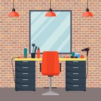 Hairdresser s workplace in woman beauty hairdressing salon. Chair, mirror, table, hairdressing tools, cosmetic products for hair care. Barber shop interior. Flat style vector illustration.