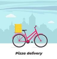 Pizza delivery service concept illustration. Bicycle with pizza boxes on the trunk. Big city on background. Vector flat illustration.