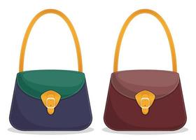 colección de elegantes bolsos de cuero de colores con costuras blancas. bolsos de mujer de moda aislados sobre fondo blanco. ilustración vectorial en estilo plano. vector