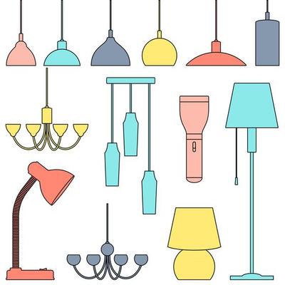 Lamps of different types, set. Chandeliers, lamps, bulbs, table lamp, flashlight, floor lamp - elements of modern interior. Line art illustration.