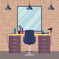 Hairdresser s workplace in woman beauty hairdressing salon. Chair, mirror, table, hairdressing tools, cosmetic products for hair care. Barber shop interior. Flat style vector illustration.