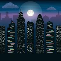 The skyscrapers of the big city in moonlight. Night city landscape. Vector flat illustration.