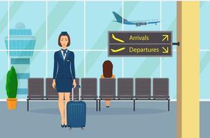 Stewardess in uniform with a suitcase standing in waiting room at the airport seat. Airport interior, information signs. Plane taking off and control tower outside the window. Vector illustration.