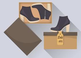 Stylish modern women s high heel boots in box, side view. Sale with a discount of 50 percent. Casual women s shoes. Illustration for a shoe store. Vector flat illustration.