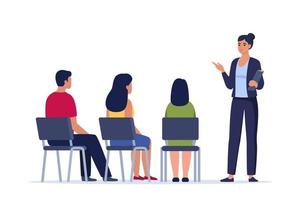 Woman trains newcomers to company. HR manager explains tasks, sets goals for interns. Staff management concept. Personnel training. Onboarding, orientation training on first day. Vector illustration.