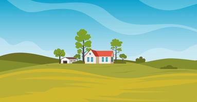 Rural landscape with beautiful view of distant fields and hills. Rustic private house, barn and trees. Vector illustration.