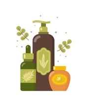 Natural cosmetic from organic plants. Couple of green leaves and bottles. Spa bio creme bottle. Stylish concept for vegan organic cosmetics in flat design. Vector illustration.