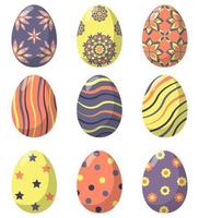 Easter eggs decorated with various simple and complex patterns, set. Vector illustration in flat style.