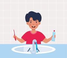 Kid boy cleaning teeth. Character caring for oral cavity stands with toothbrush and paste in front of sink. Hygiene and health care. Vector illustration.