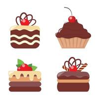 tortas, conjunto. iconos de galletas y bizcochos. galletas de chocolate y vainilla con crema y bayas. vector