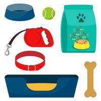 accesorio para el cuidado de mascotas, set. collar, hueso, cuenco, alimento, pelota, tumbona. ilustración vectorial de estilo plano, aislada. vector