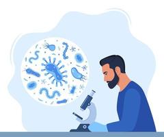 Man Scientist, microbiology researcher with microscope. Microbiologist study various bacteria, pathogenic microorganisms. Bacteria and germs in a circle. Vector illustration.