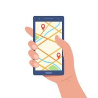 Cellphone with map on screen in human hand. City map navigation app with map and location pin. Mobile app Interface concept design. Vector trendy flat illustration.