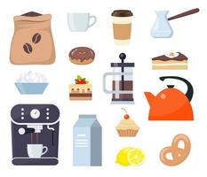 Coffee or tea time, set of elements. Breakfast with coffee and cake. Coffee machine, cup, cake, milk, sugar, teapot, kettle, lemon. Vector illustration, flat style.