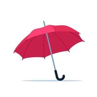 Colorful umbrella. Red accessory with handle protection from rain isolated on white background. Seasonal safety stylish rainy weather symbol. Vector illustration.