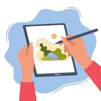 Designer illustrator draws a cute illustration on graphic tablet with pen. Hands holding tablet and stylus pen. Art creating, graphic design, digital drawing. Freelance 2D artist. Vector illustration.