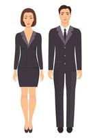 Man and woman standing in full growth in formal clothes. Couple in elegant and casual clothes. Basic wardrobe. Vector illustration, isolated.