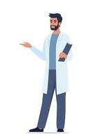 Doctor in medical uniform pointing and showing something with hand. Medicine worker man explaining and presenting something. Vector flat illustration.