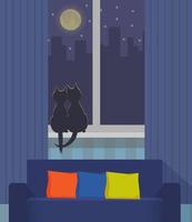Silhouettes of two cats sitting on a windowsill under the light of the moon. Night city outside the window. Cozy interior with sofa and pillows in the foreground. Vector illustration.