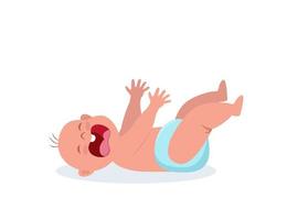 Little baby crying hesterically. Crying baby lies and pulls up the handles. Little kid being unhappy. Flat vector Illustration.