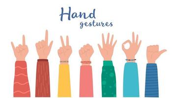 Hand gesture set. human hands showing thumbs up, pointing and greeting, OK. Various hand symbols. Interactive communication set. Vector illustration.