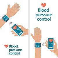 Measurement and monitoring of blood pressure with modern gadgets and mobile applications. Man checking arterial blood pressure with digital device tonometer. Healthcare. Flat vector illustration.