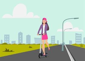 Cute girl riding kick scooter on city street. Teen girl in short skirt, jacket and baseball cap rides on scooter. Young charming female character on kick scooter, vector in flat style.