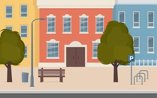 City street with houses facades. Urban landscape. City buildings along wide street with trees, bench, street lamp and bicycle parking. Vector illustration in flat style.