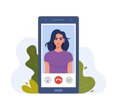 videollamada en teléfono inteligente. mujer joven en la pantalla del teléfono inteligente con iconos de conexión. comunicación en línea usando el teléfono. hablando por videollamada. hablando por Internet. ilustración vectorial vector