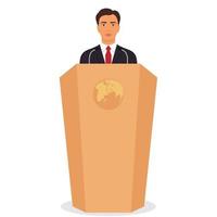 Man in a business suit stands on a podium in front of the microphones. Important event, business conference concept. Vector illustration.