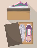 zapatillas modernas con estilo en caja, vista lateral y superior. zapatillas en una caja de zapatos. calzado deportivo o informal. ilustración para una zapatería. ilustración plana vectorial.