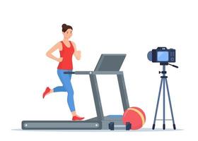 Woman blogger running on treadmill recording video with camera on tripod. Social network blogging, healthy lifestyle concept. Sport streming. Vector illustration.