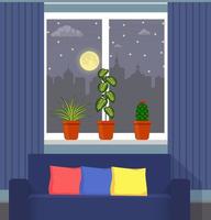 Big window with curtain and plants in pots on the windowsill. Night city, moon, clouds and stars outside the window. The couch in the foreground. Vector illustration in flat style.