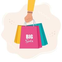 Hand with multicolored shopping bags. Big sale concept vector Illustration.