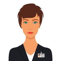 elegante mujer bonita en traje de negocios con insignia. foto de perfil de avatar de mujer de negocios. ilustración vectorial, aislado. vector