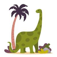 Cute dinosaur, palm and plants. Prehistoric jurrasic period wild fauna. Vector illustration in flat style.