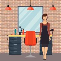 Hairdresser in modern hairdressing salon in loft style. Hairdresser waiting for client. Chair, mirror, table, hairdressing tools, hair care products. Barber shop interior. Flat vector illustration.