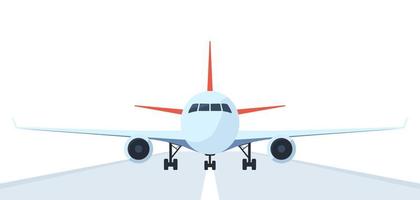 Passenger airplane on runway, front view. Flat vector illustration of aeroplane with portholes, wings and engines.