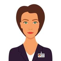 Elegant pretty woman in business suit with badge. Woman business avatar profile picture. Vector illustration, isolated.