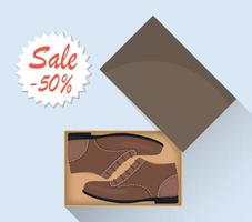 zapatos masculinos modernos y elegantes en caja, vista lateral. venta con un descuento del 50 por ciento. zapatos casuales de hombre. ilustración para una zapatería. ilustración plana vectorial. vector